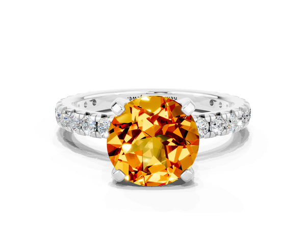 White gold Round Cut Citrine Pavé Solitaire Ring with Round Band and Prong Setting