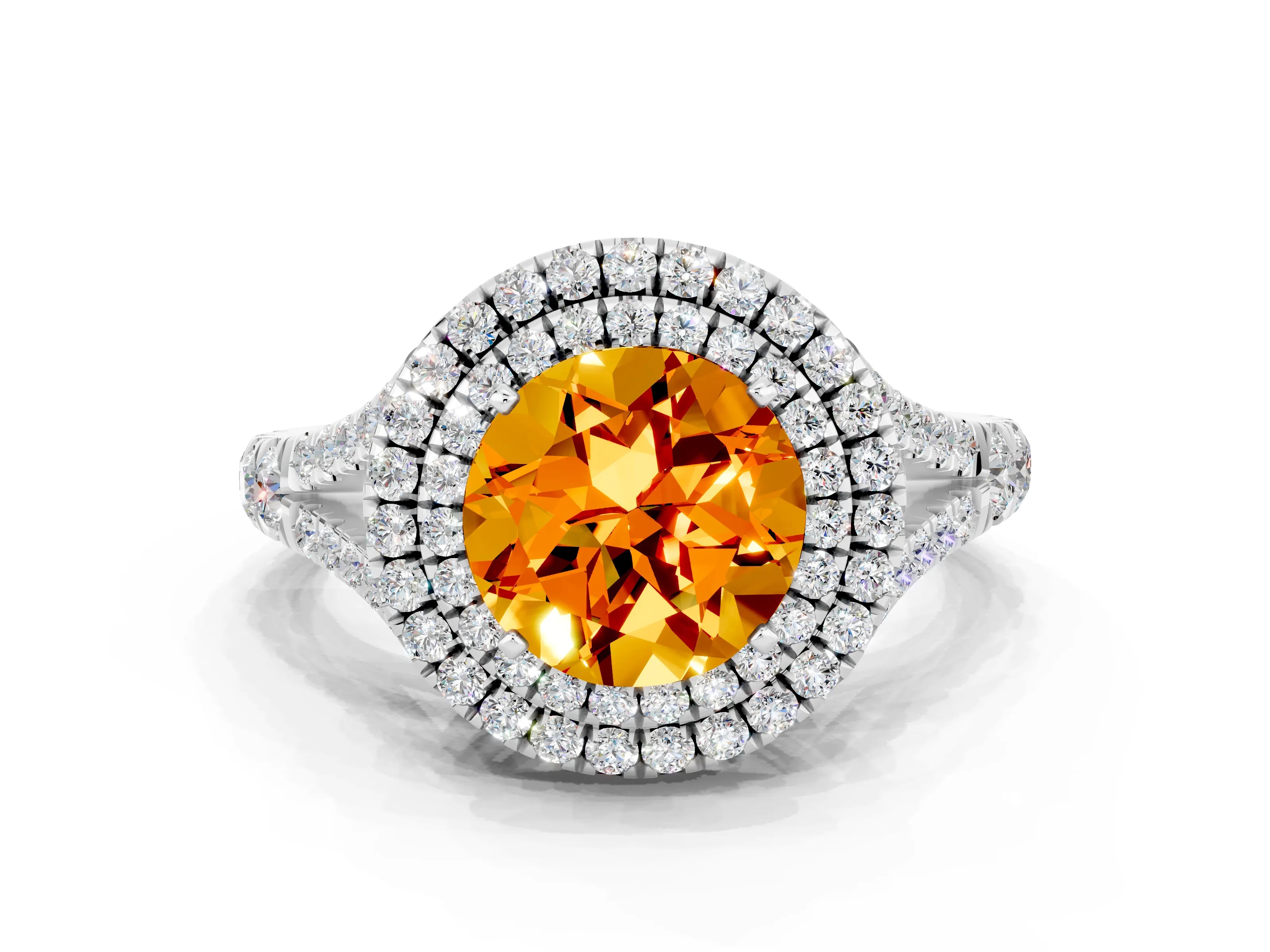 White gold Round Cut Citrine Pavé Split Shank Double Halo Engagement Ring