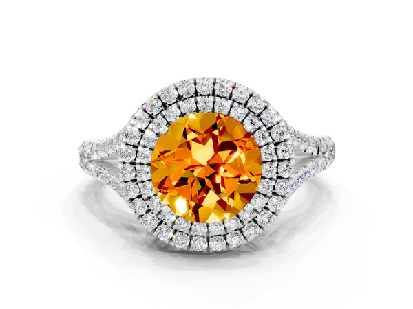 Silver Round Cut Citrine Pavé Split Shank Double Halo Engagement Ring