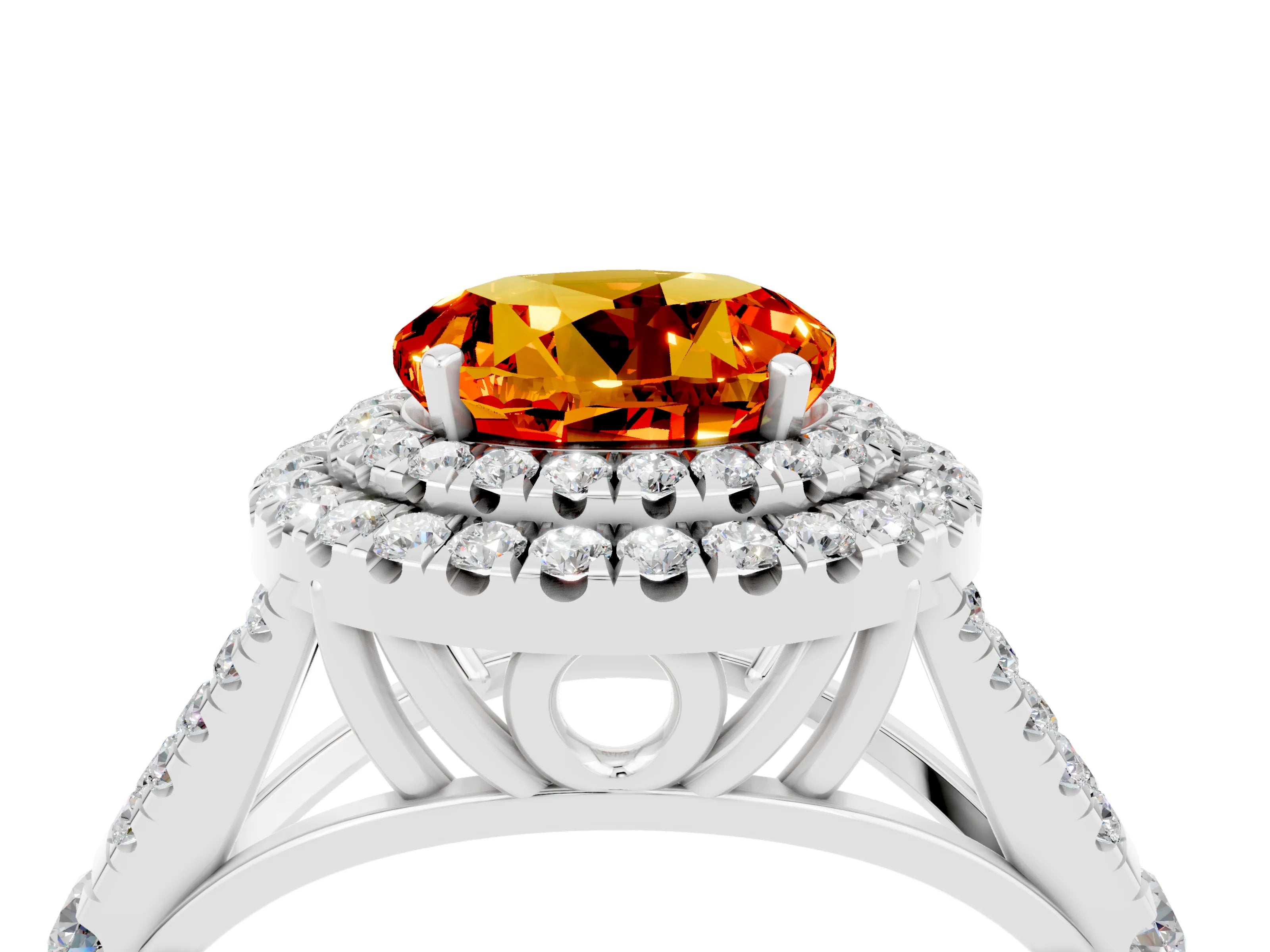 White gold Round Cut Citrine Pavé Split Shank Double Halo Engagement Ring_4