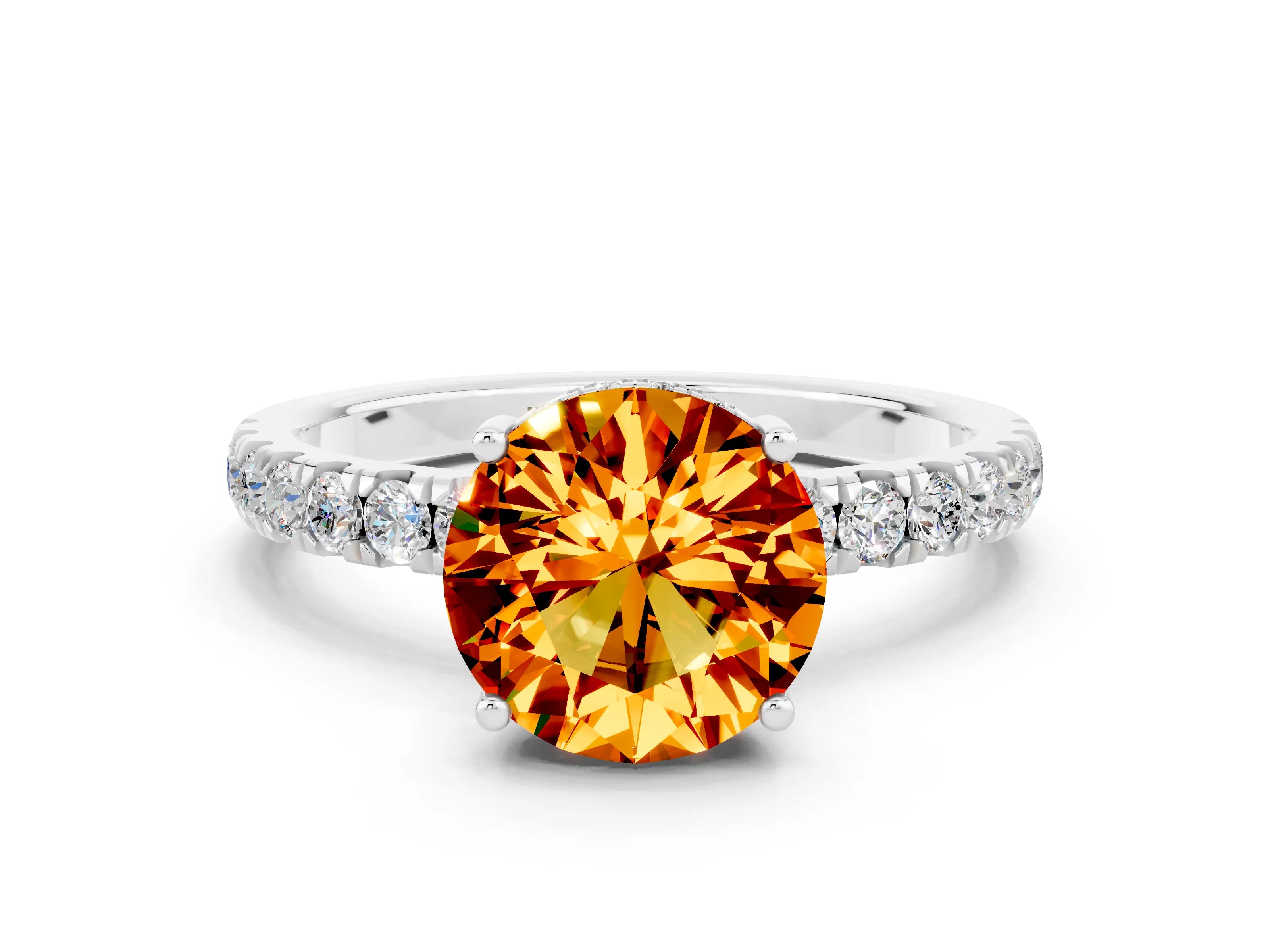 White gold Round Cut Citrine Pave Band Solitaire Ring with Four-Prong Setting_24