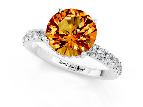 White gold Round Cut Citrine Pave Band Solitaire Ring with Four-Prong Setting_25