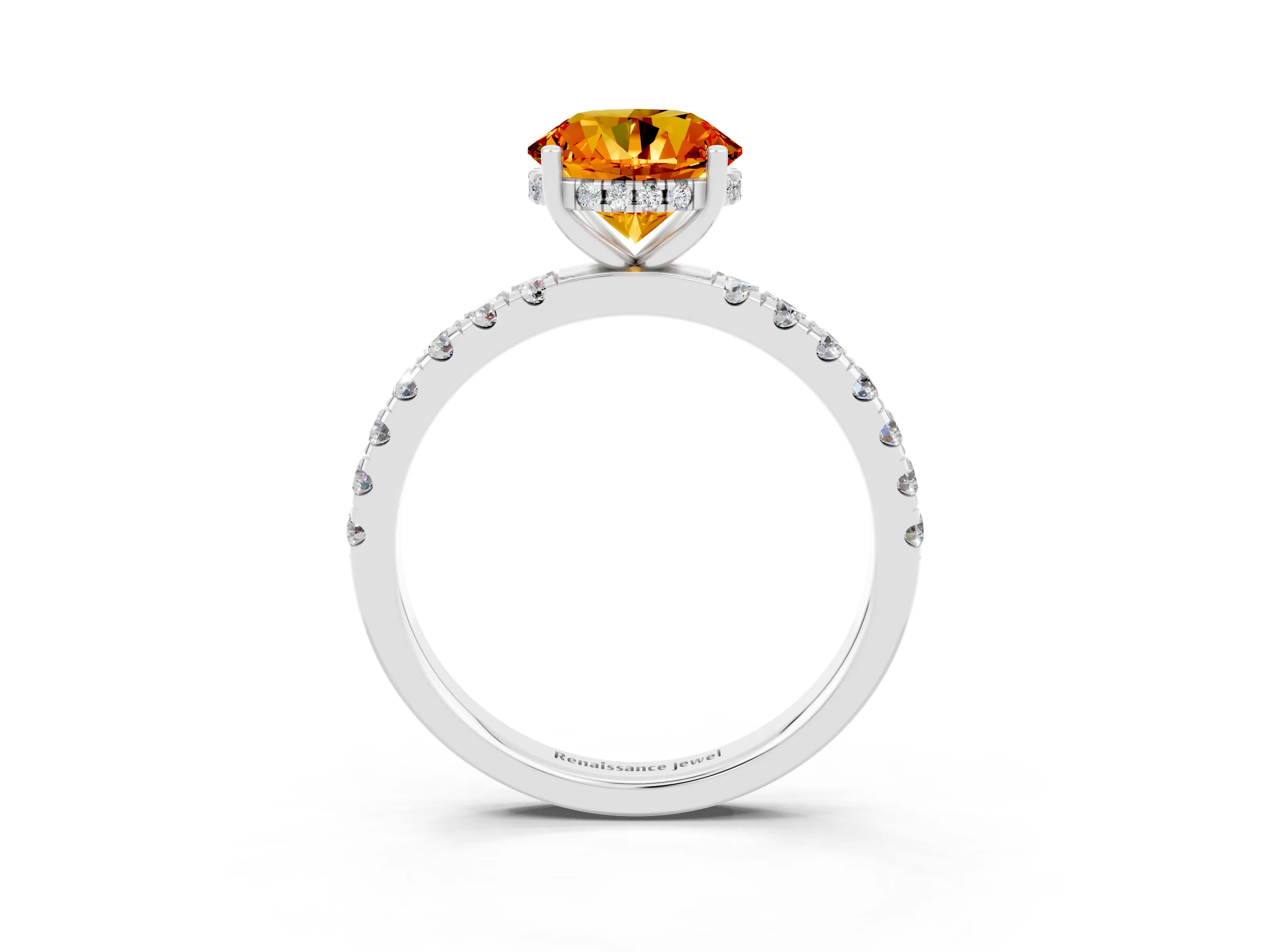 White gold Round Cut Citrine Pave Band Solitaire Ring with Four-Prong Setting_27