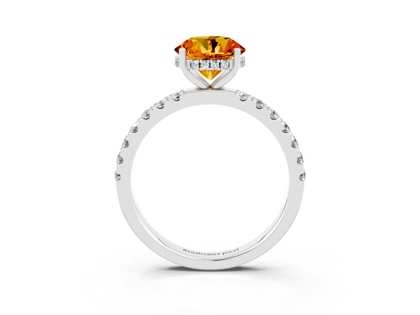Platinum Round Cut Citrine Pave Band Solitaire Ring with Round  and Prong Setting