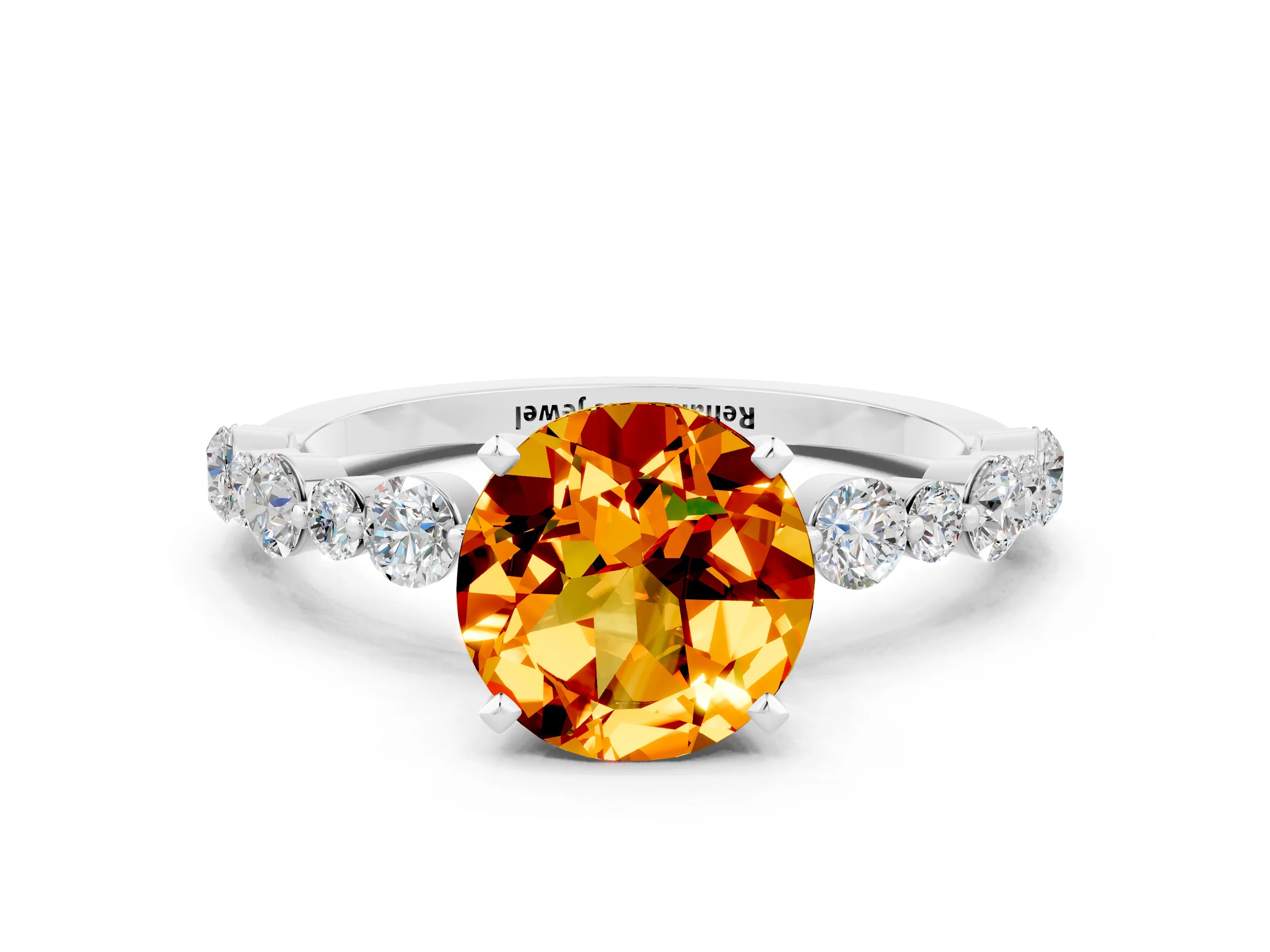 White gold Round Cut Citrine Prong Set Engagement Ring with Pavé Band