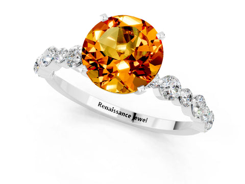 White gold Round Cut Citrine Prong Set Engagement Ring with Pavé Band_1