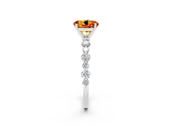 White gold Round Cut Citrine Prong Set Engagement Ring with Pavé Band