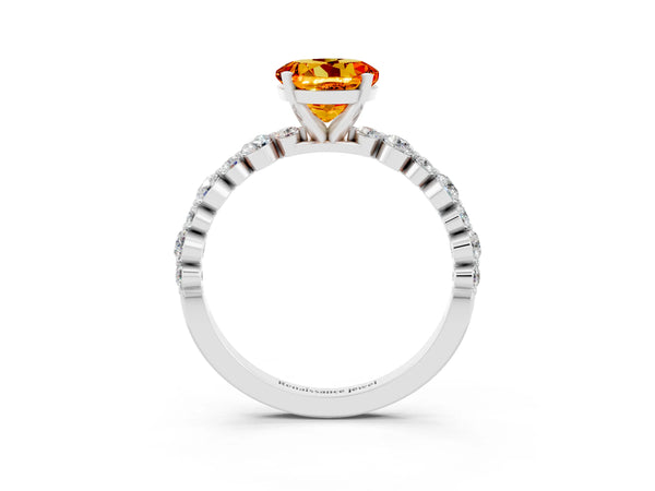 Platinum Round Cut Citrine Prong Set Engagement Ring with Pavé Band