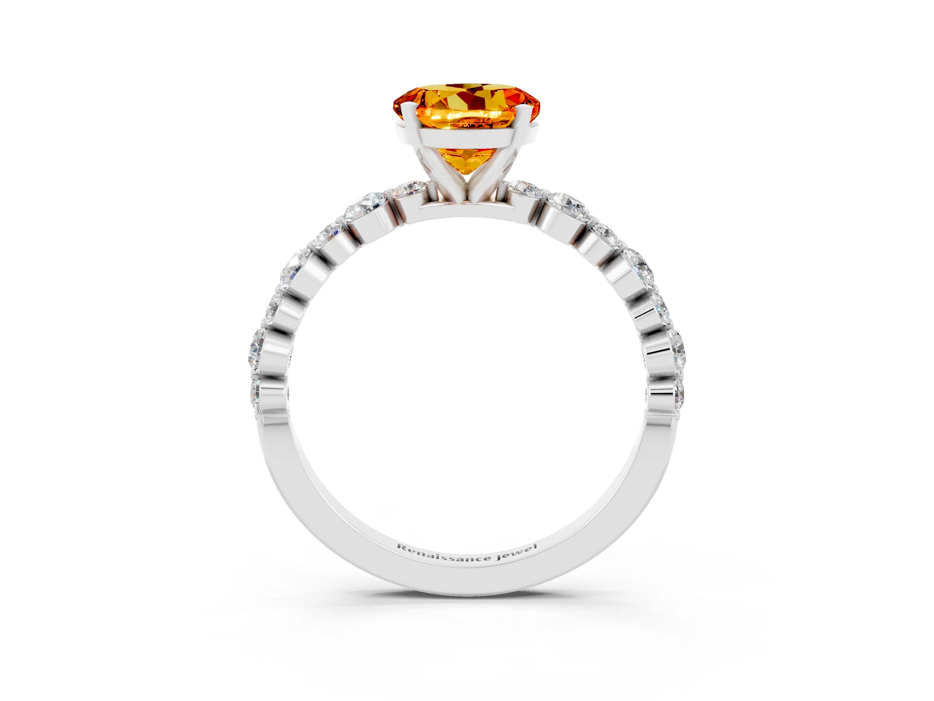 White gold Round Cut Citrine Prong Set Engagement Ring with Pavé Band_3