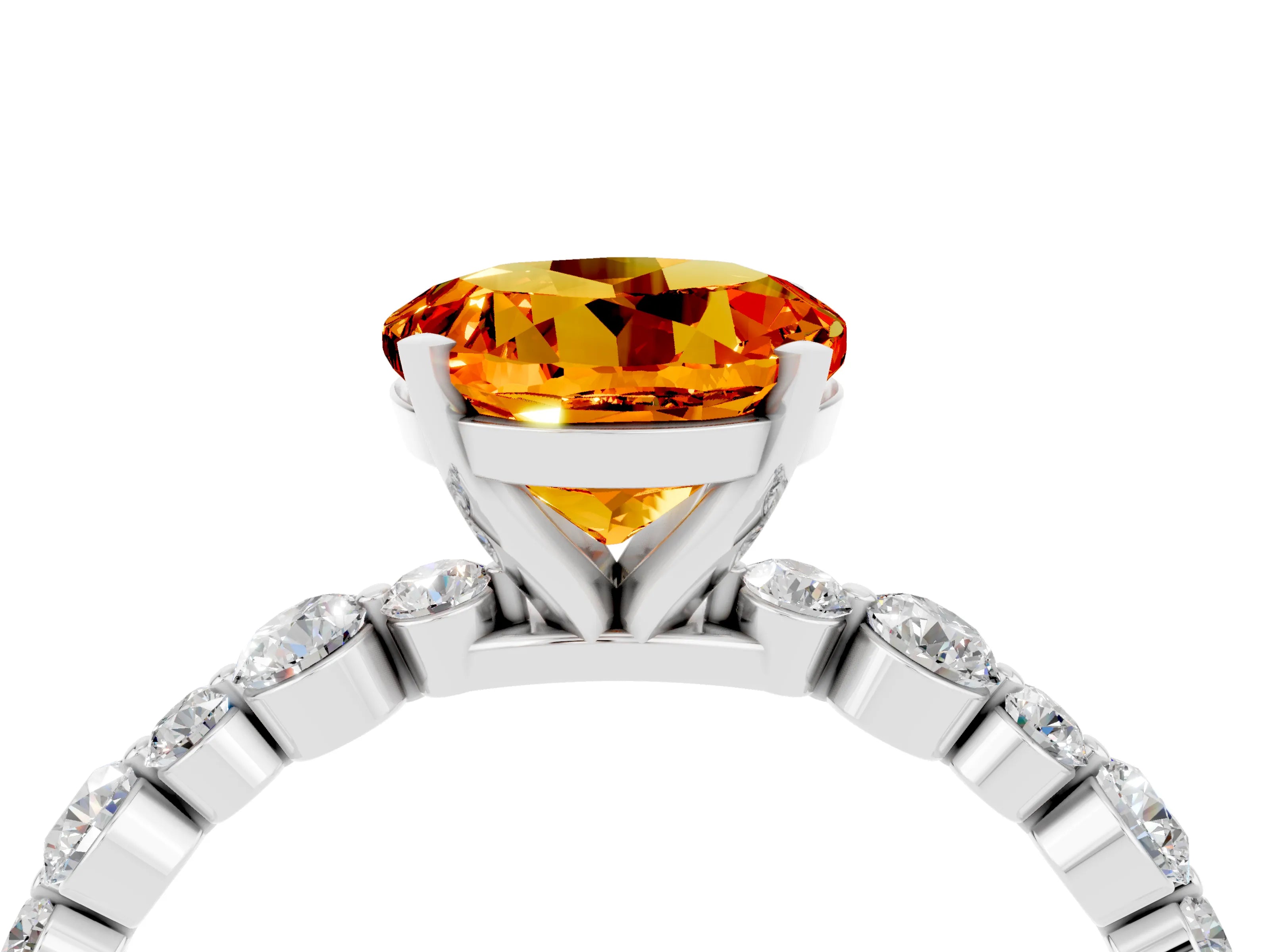 White gold Round Cut Citrine Prong Set Engagement Ring with Pavé Band_4