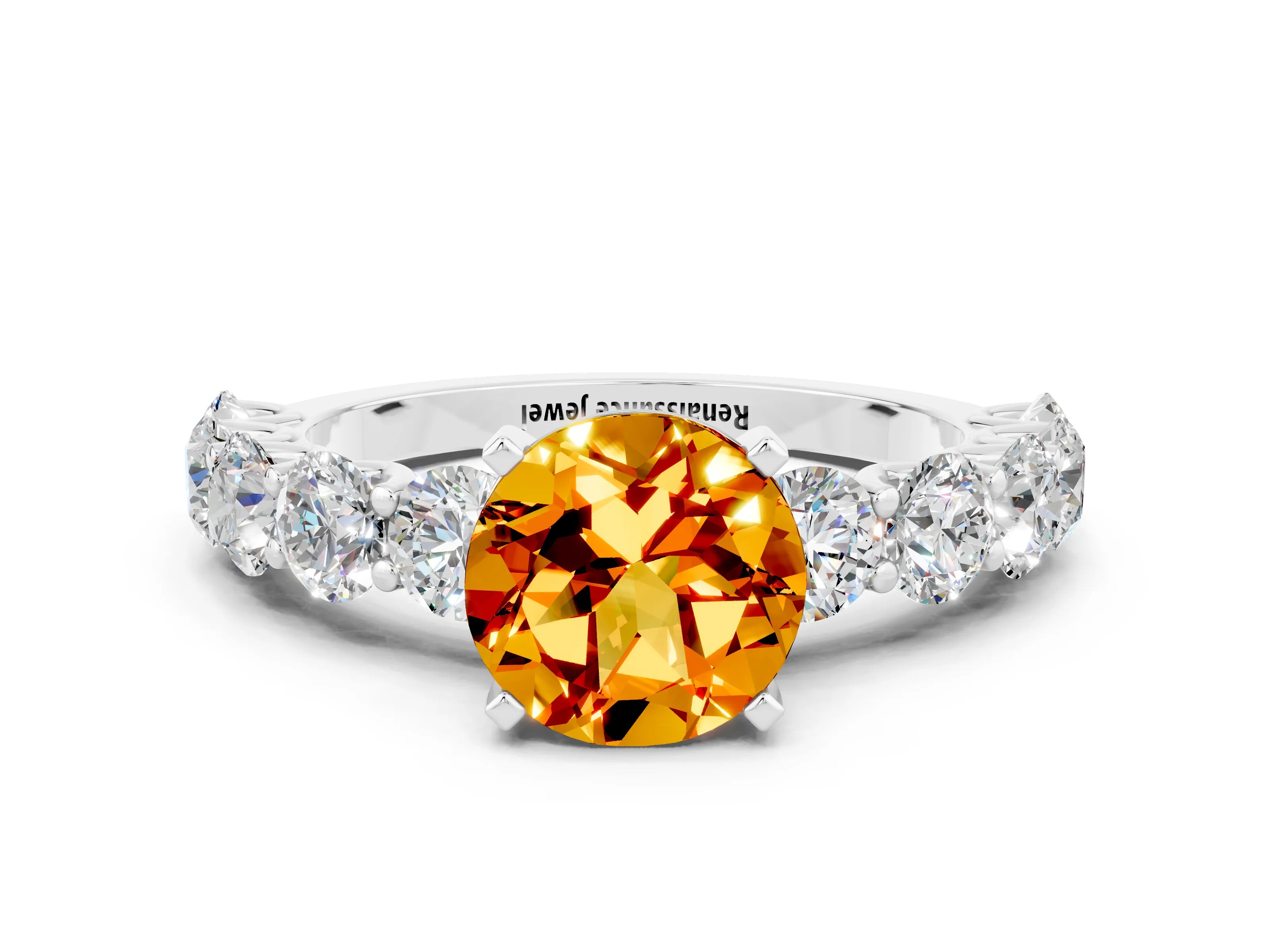 White gold Round Cut Citrine Prong Setting with Side Stones on a Pave Band