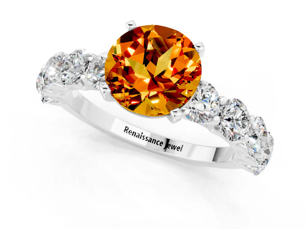 White gold Round Cut Citrine Prong Setting with Side Stones on a Pave Band