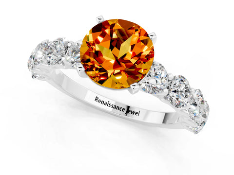 White gold Round Cut Citrine Prong Setting with Side Stones on a Pave Band_1