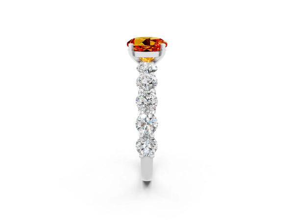 White gold Round Cut Citrine Prong Setting with Side Stones on a Pave Band