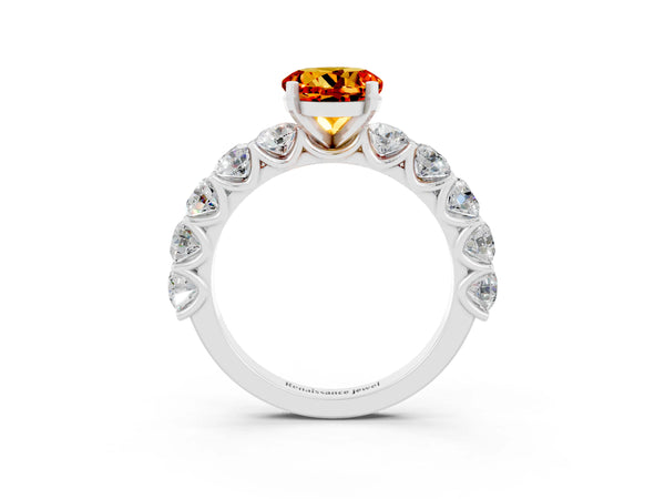 Platinum Round Cut Citrine Prong Setting with Side Stones on a Pave Band