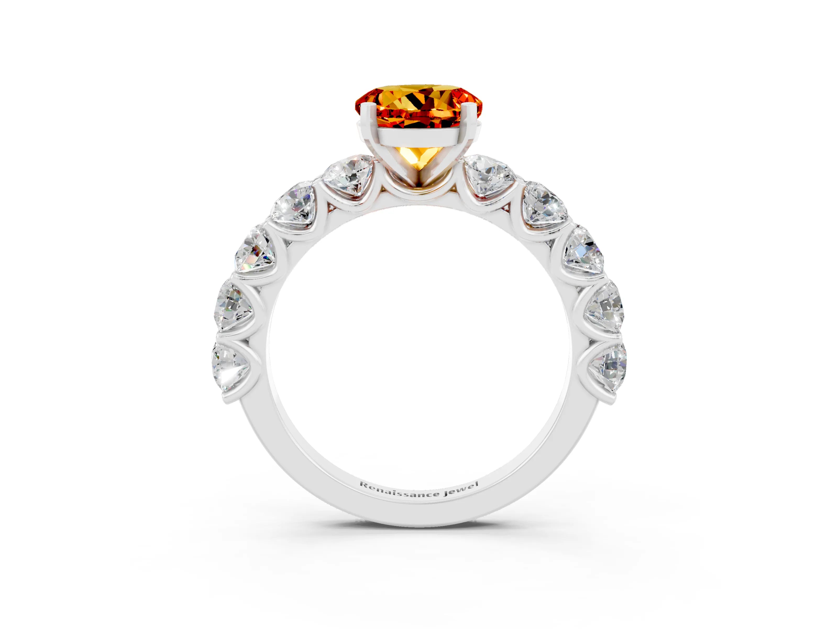 White gold Round Cut Citrine Prong Setting with Side Stones on a Pave Band_3