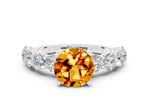 White gold Round Cut Citrine Prong Setting with Side Stones on a Pave Band