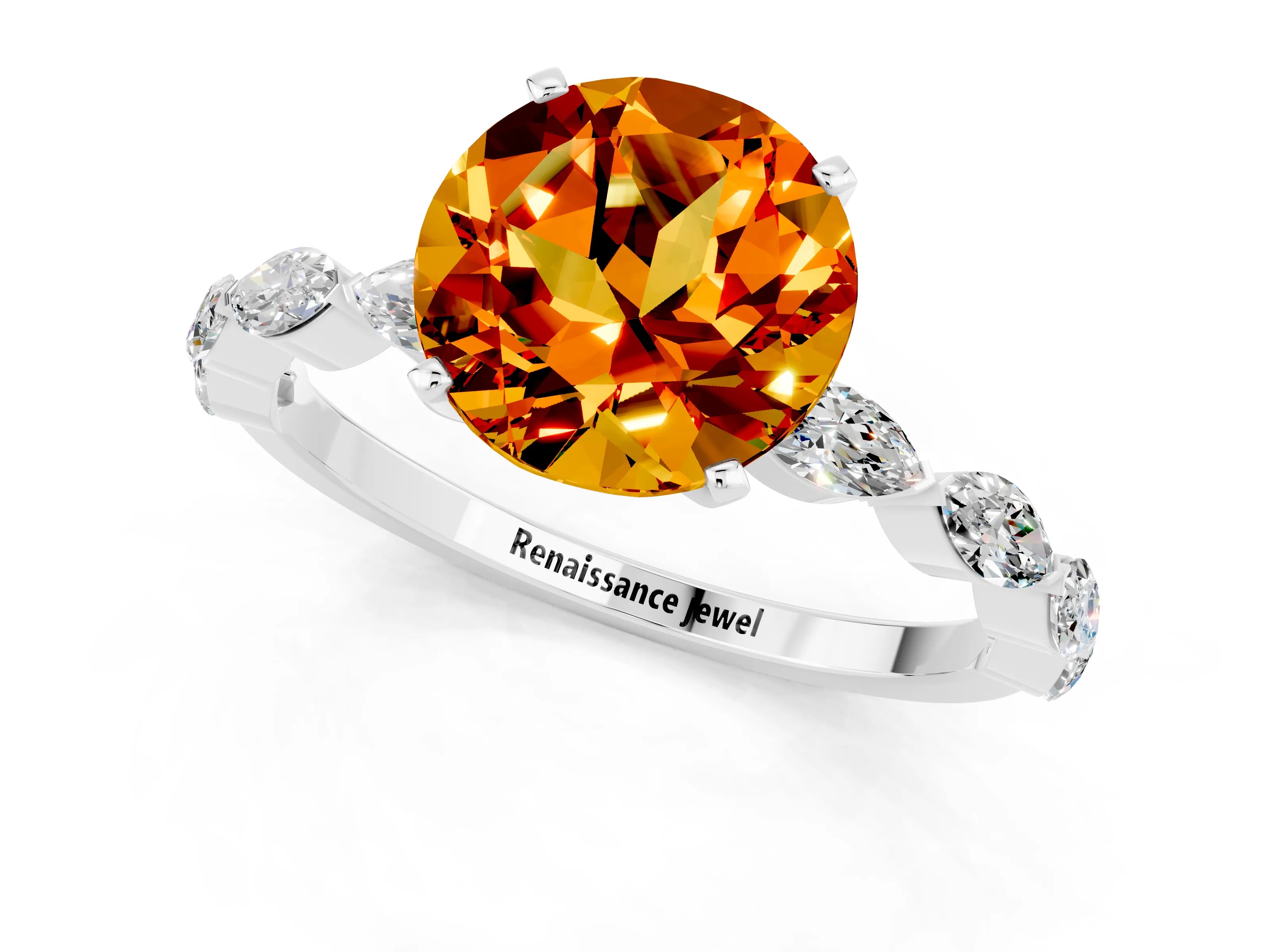 White gold Round Cut Citrine Ring with Marquise Side Stones and Prong Setting_1