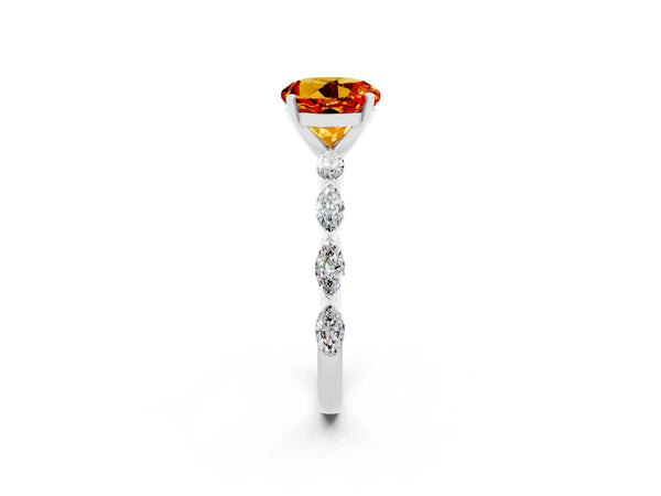 Platinum Round Cut Citrine Ring with Marquise Side Stones and Prong Setting