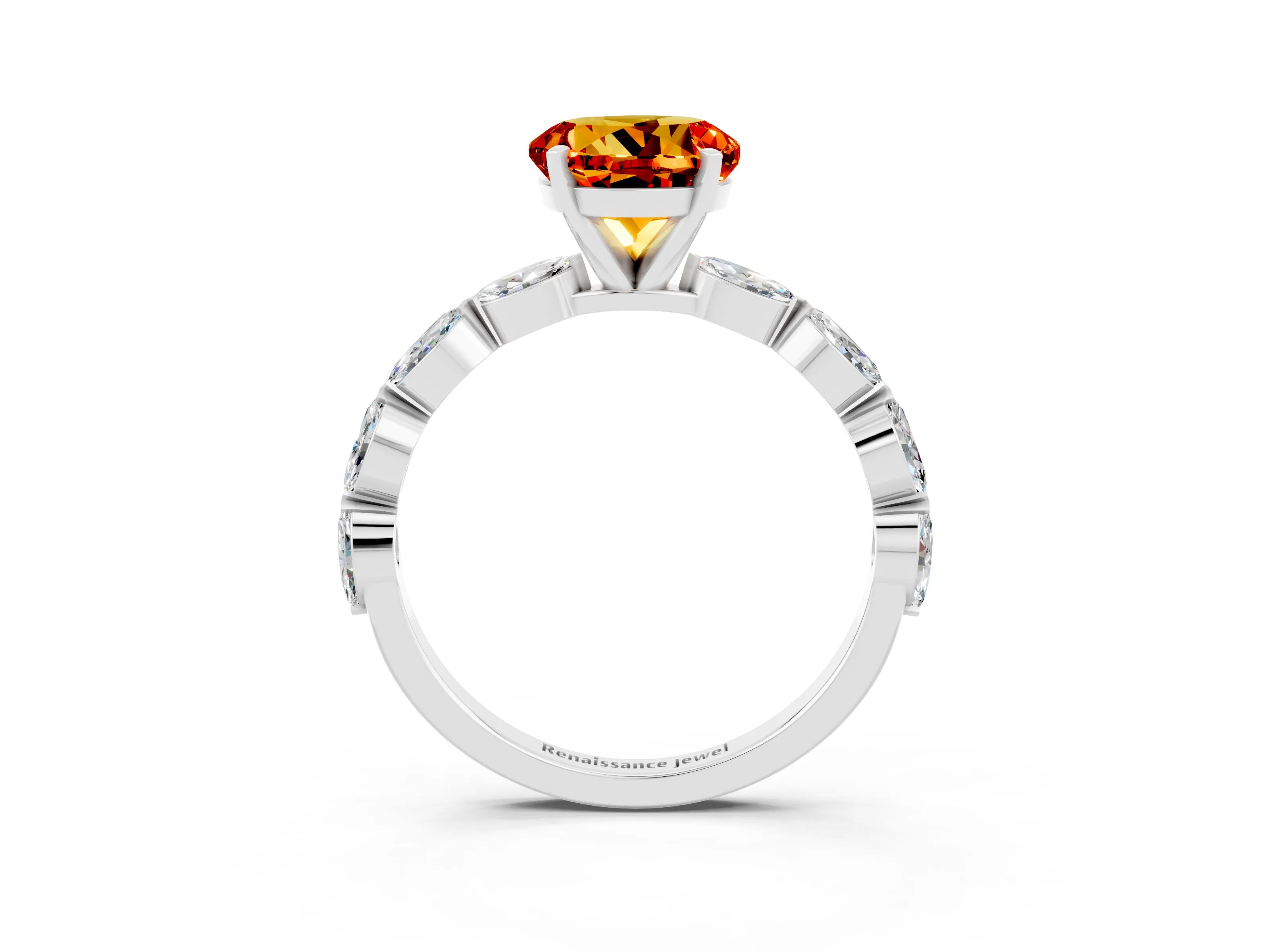 White gold Round Cut Citrine Ring with Marquise Side Stones and Prong Setting_3