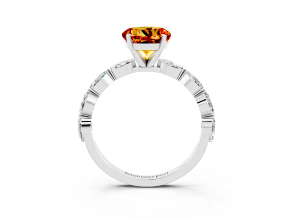 Platinum Round Cut Citrine Ring with Marquise Side Stones and Prong Setting