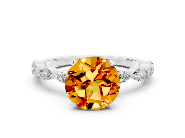 Silver Round Cut Citrine Ring with Marquise Side Stones and Prong Setting