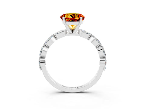 White gold Round Cut Citrine Ring with Marquise Side Stones and Prong Setting_3