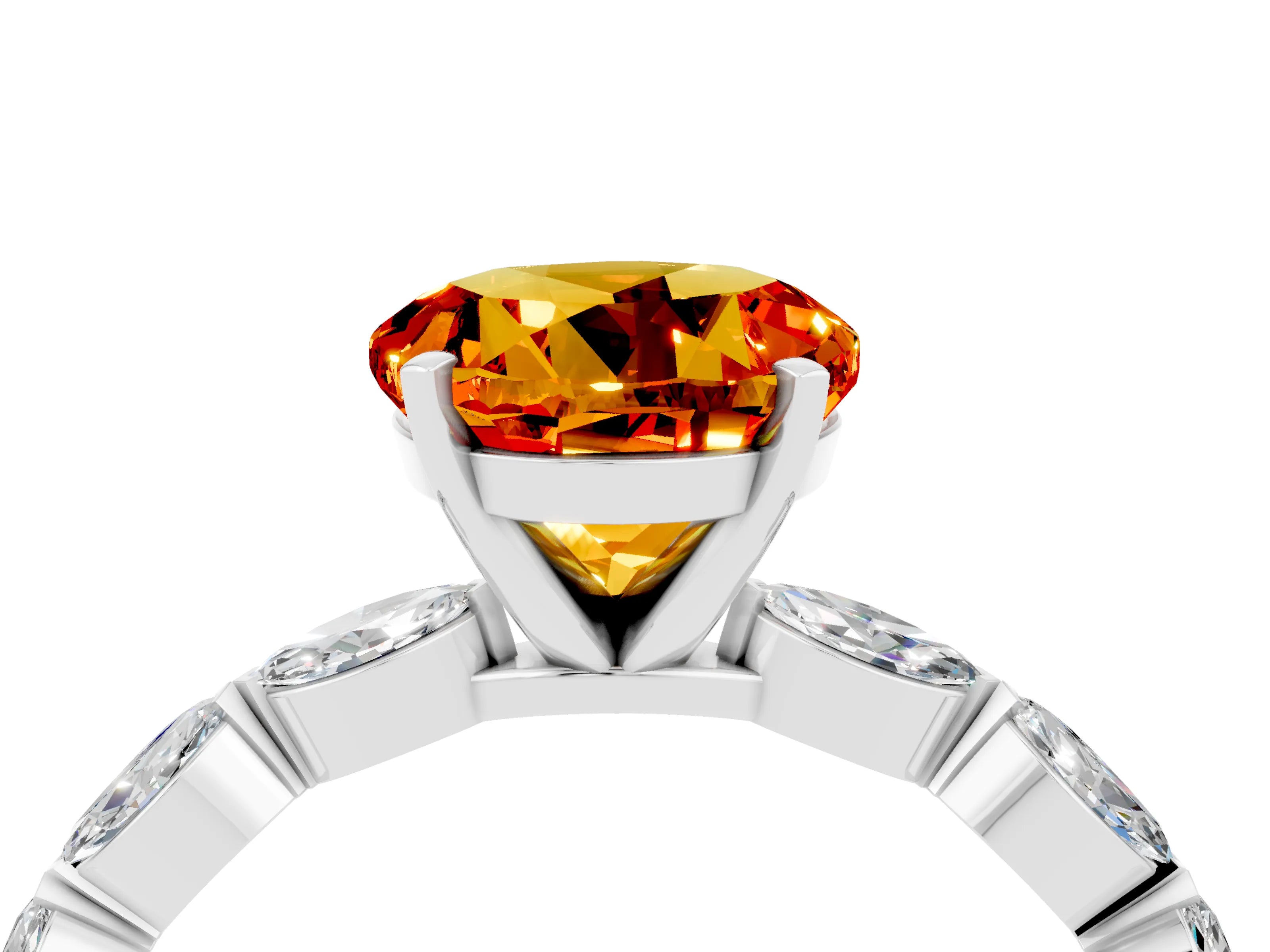 White gold Round Cut Citrine Ring with Marquise Side Stones and Prong Setting_4