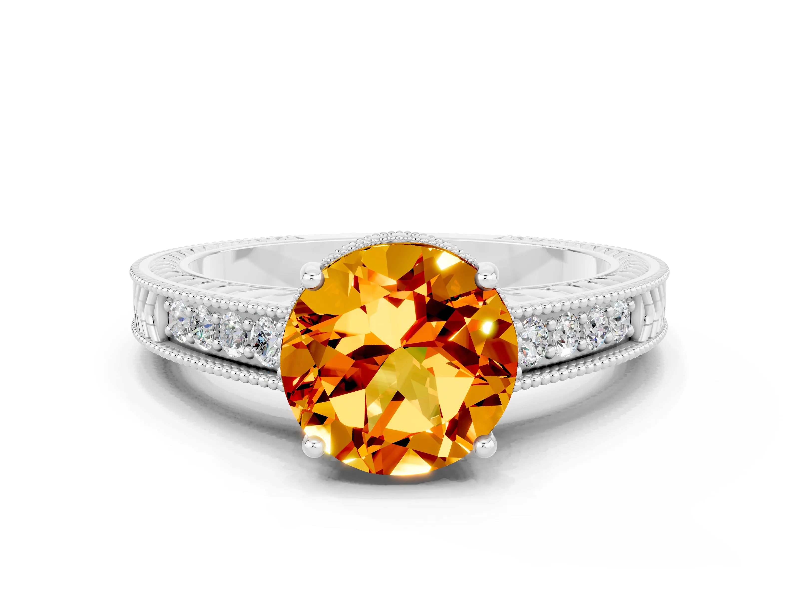 White gold Round Cut Citrine Ring with Milgrain Pavé Band and Four-Prong Setting_12