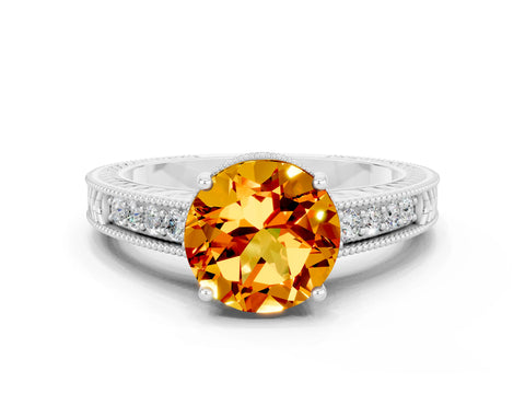 White gold Round Cut Citrine Ring with Milgrain Pavé Band and Four-Prong Setting_12