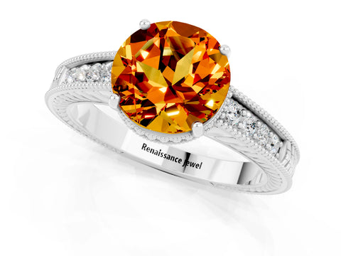 White gold Round Cut Citrine Ring with Milgrain Pavé Band and Four-Prong Setting_13