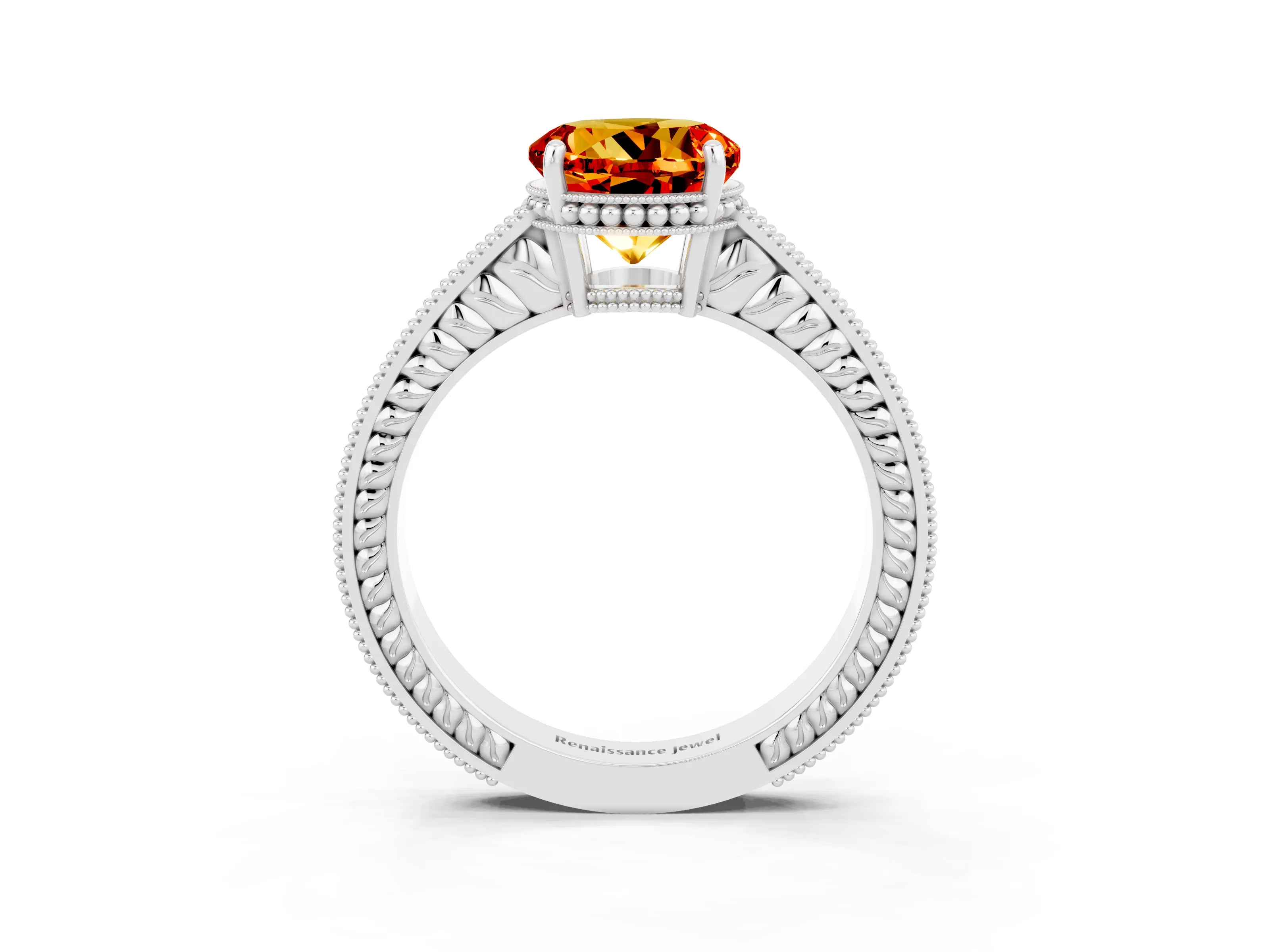 White gold Round Cut Citrine Ring with Milgrain Pavé Band and Four-Prong Setting_15