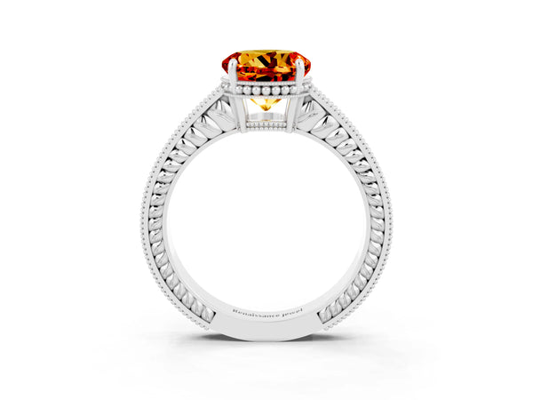 Silver Round Cut Citrine Ring with Milgrain Pavé Band and Four-Prong Setting