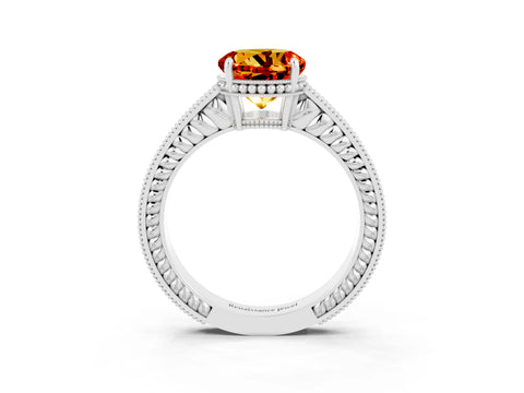White gold Round Cut Citrine Ring with Milgrain Pavé Band and Four-Prong Setting_15