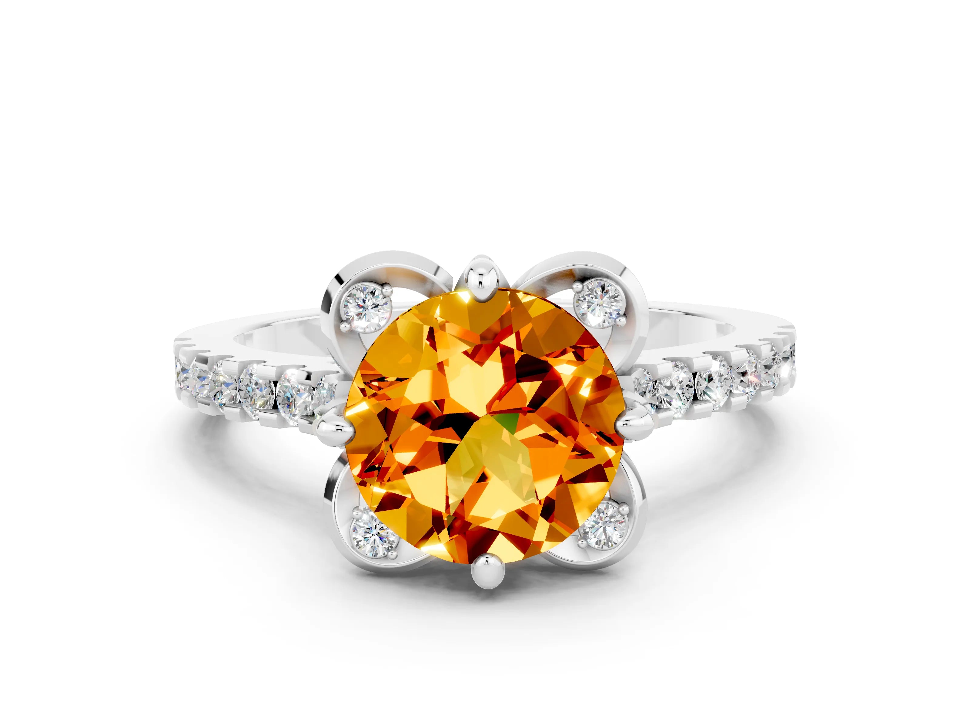 White gold Round Cut Citrine Ring with Pavé Band and Floral Prong Setting