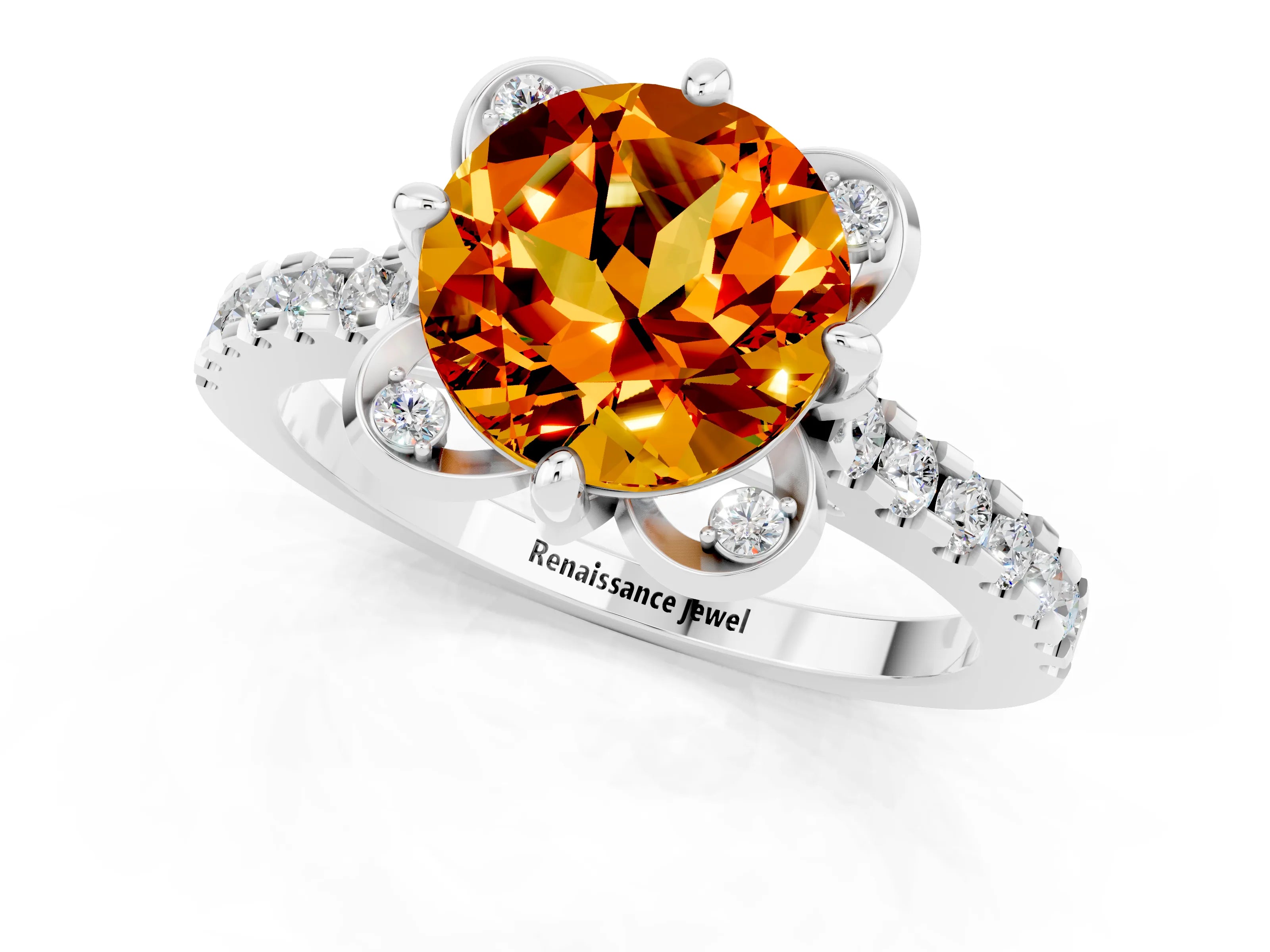 White gold Round Cut Citrine Ring with Pavé Band and Floral Prong Setting_1