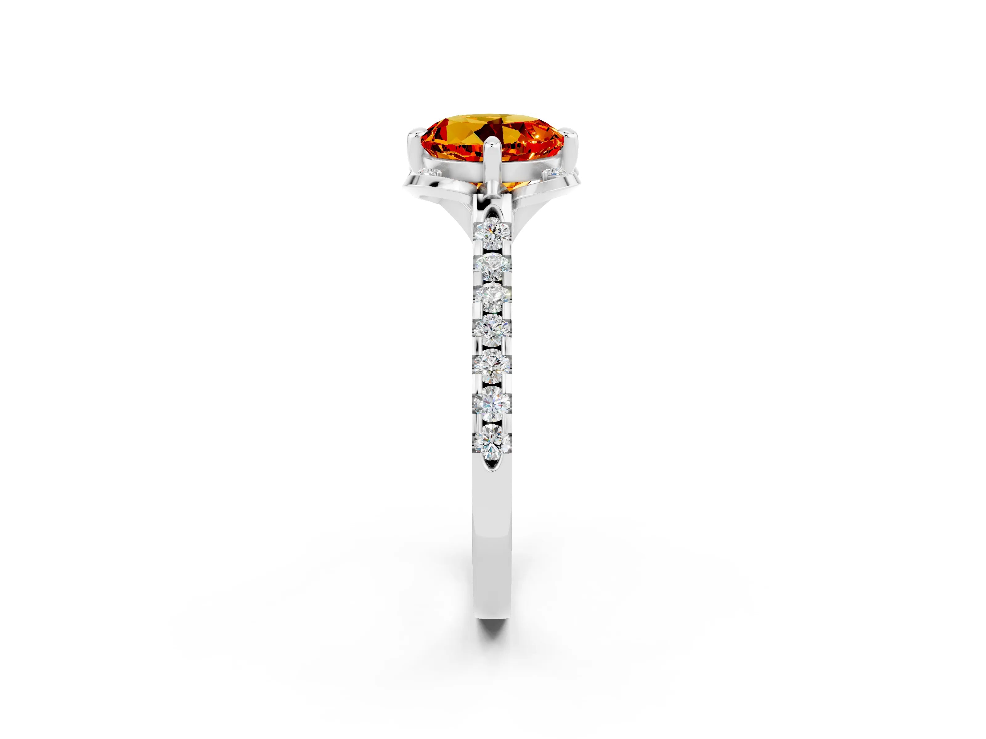 White gold Round Cut Citrine Ring with Pavé Band and Floral Prong Setting_2