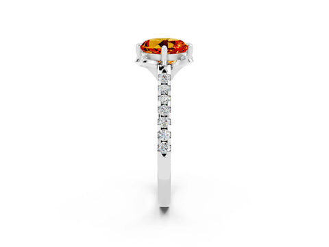 White gold Round Cut Citrine Ring with Pavé Band and Floral Prong Setting_2