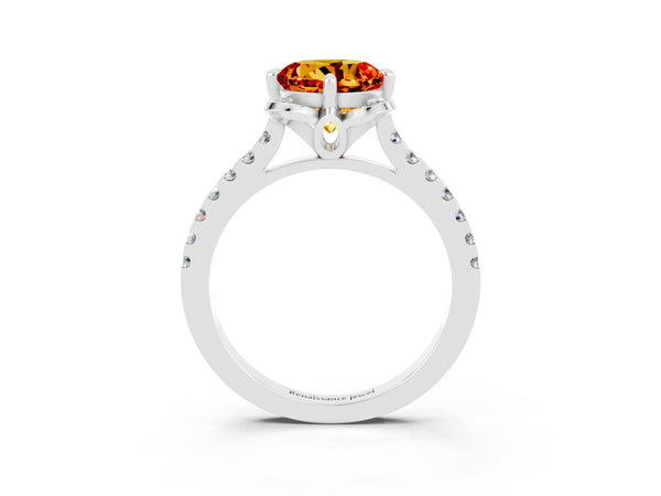 Platinum Round Cut Citrine Ring with Pavé Band and Floral Prong Setting