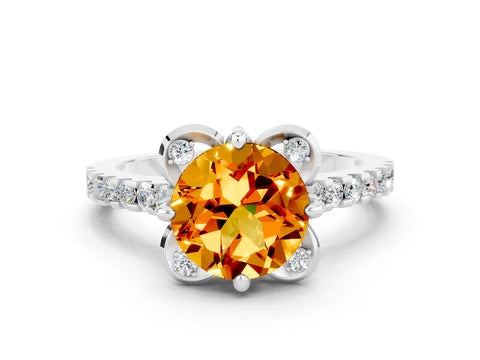 White gold Round Cut Citrine Ring with Pavé Band and Floral Prong Setting