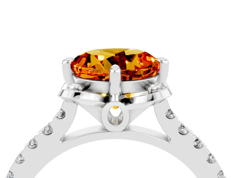 White gold Round Cut Citrine Ring with Pavé Band and Floral Prong Setting_4