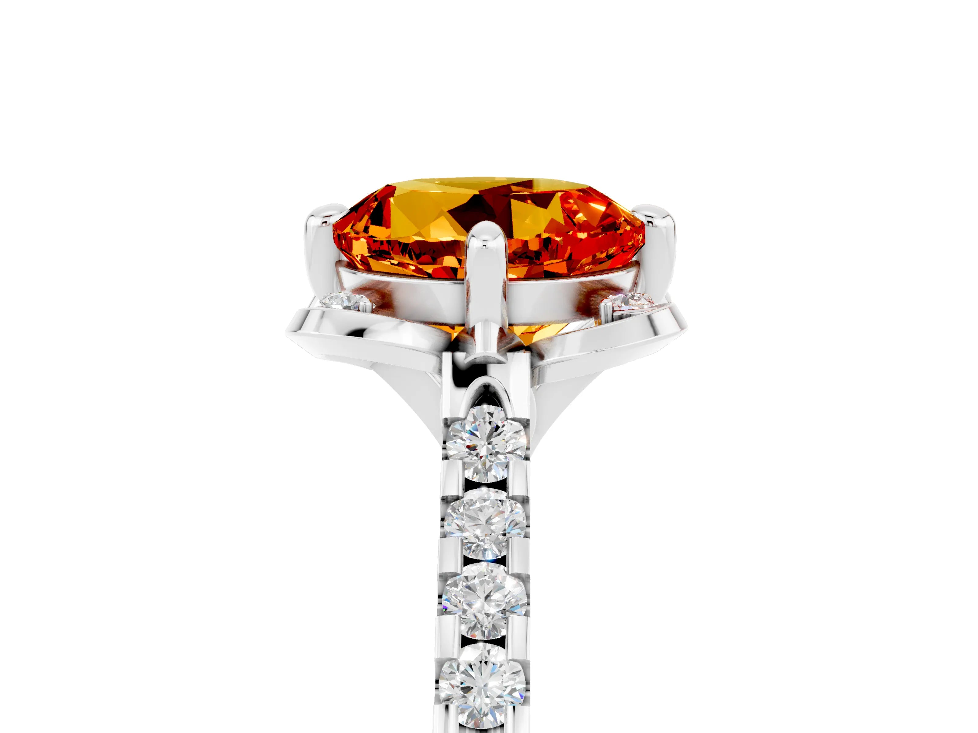 White gold Round Cut Citrine Ring with Pavé Band and Floral Prong Setting_5