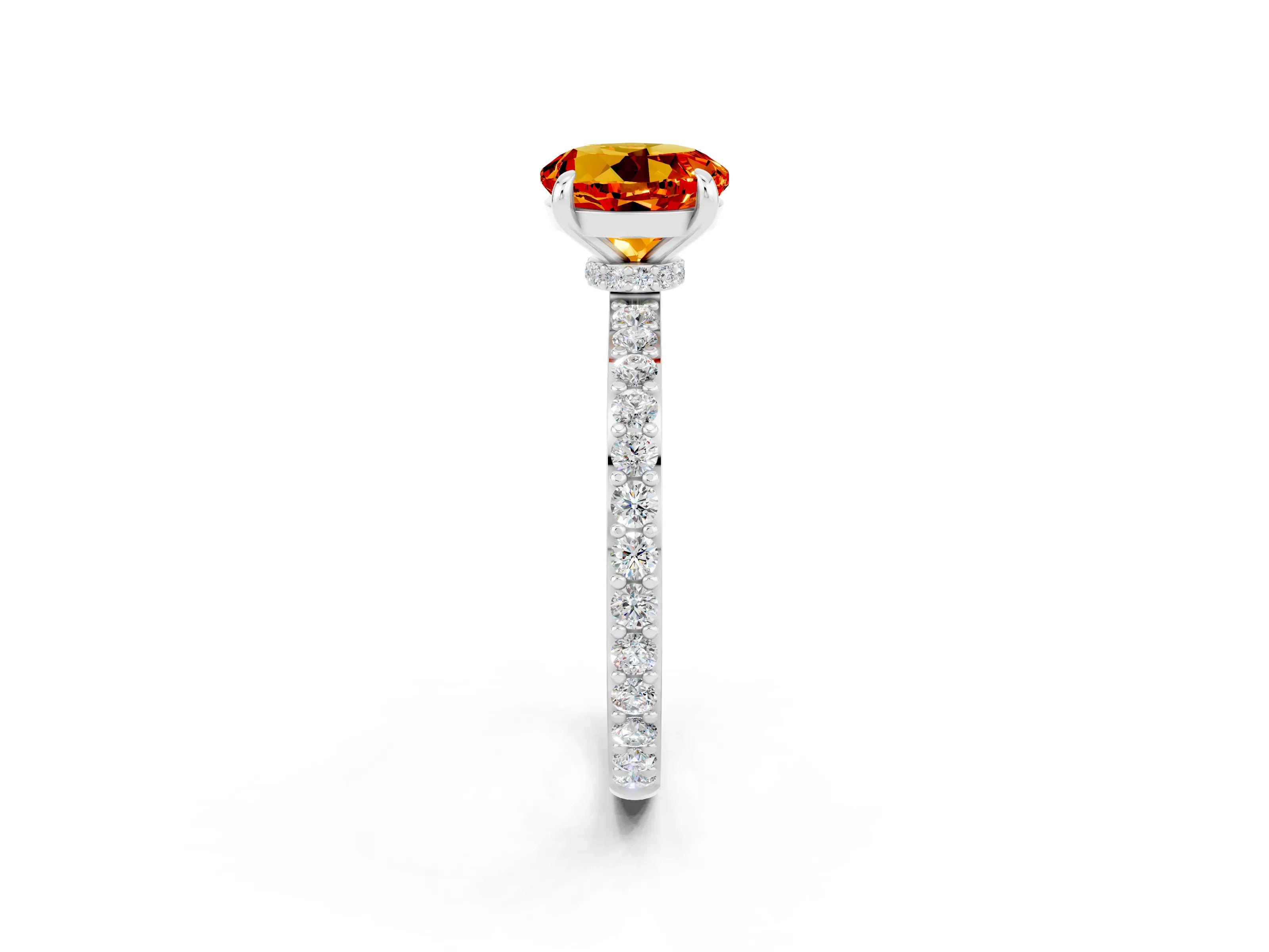 White gold Round Cut Citrine Ring with Pavé Band and Four-Prong Setting_2