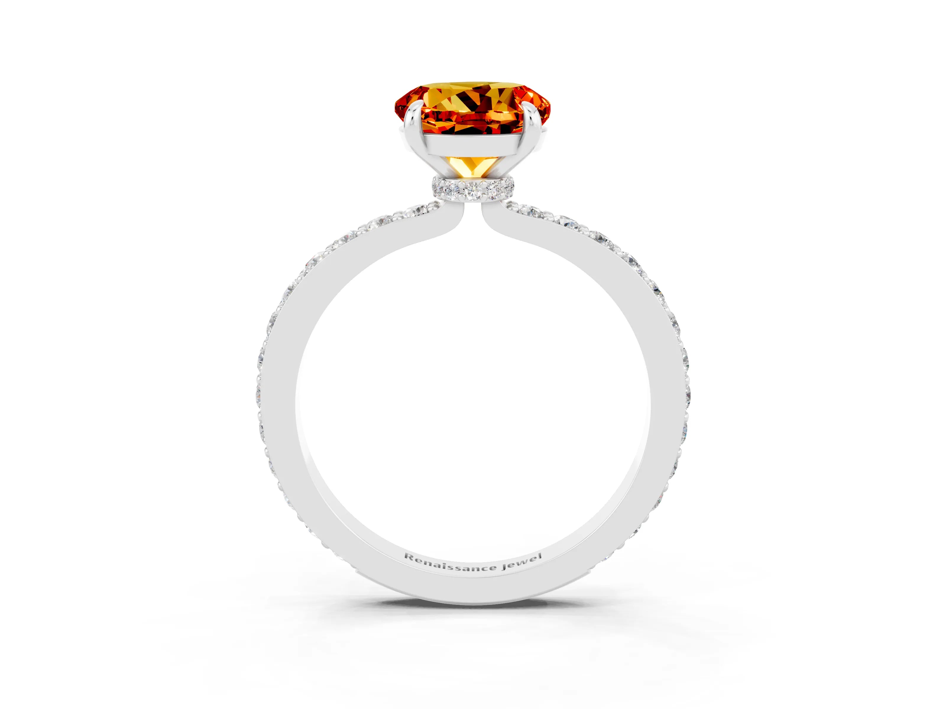 White gold Round Cut Citrine Ring with Pavé Band and Four-Prong Setting_3
