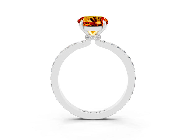 Platinum Round Cut Citrine Pavé Engagement Ring with Round  Accents and Prong Setting