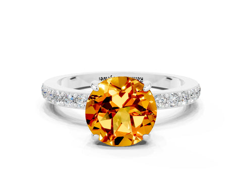 White gold Round Cut Citrine Ring with Pavé Band and Four-Prong Setting