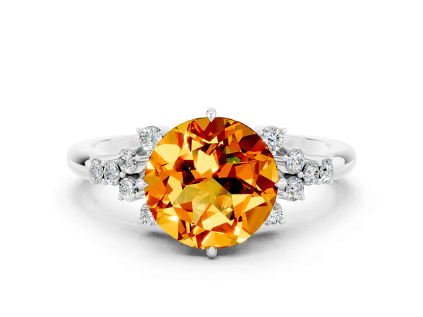Platinum Round Cut Citrine Ring with Side Stones and Four-Prong Setting