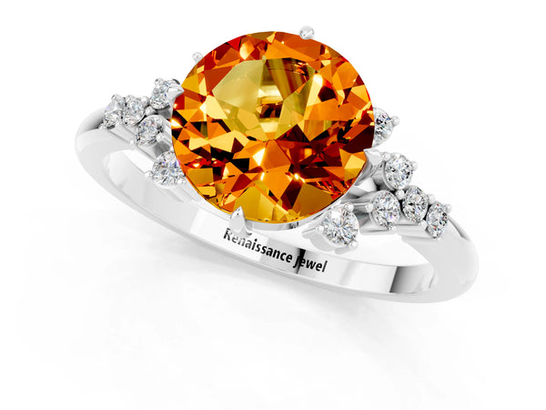 Platinum Round Cut Citrine Ring with Side Stones and Four-Prong Setting