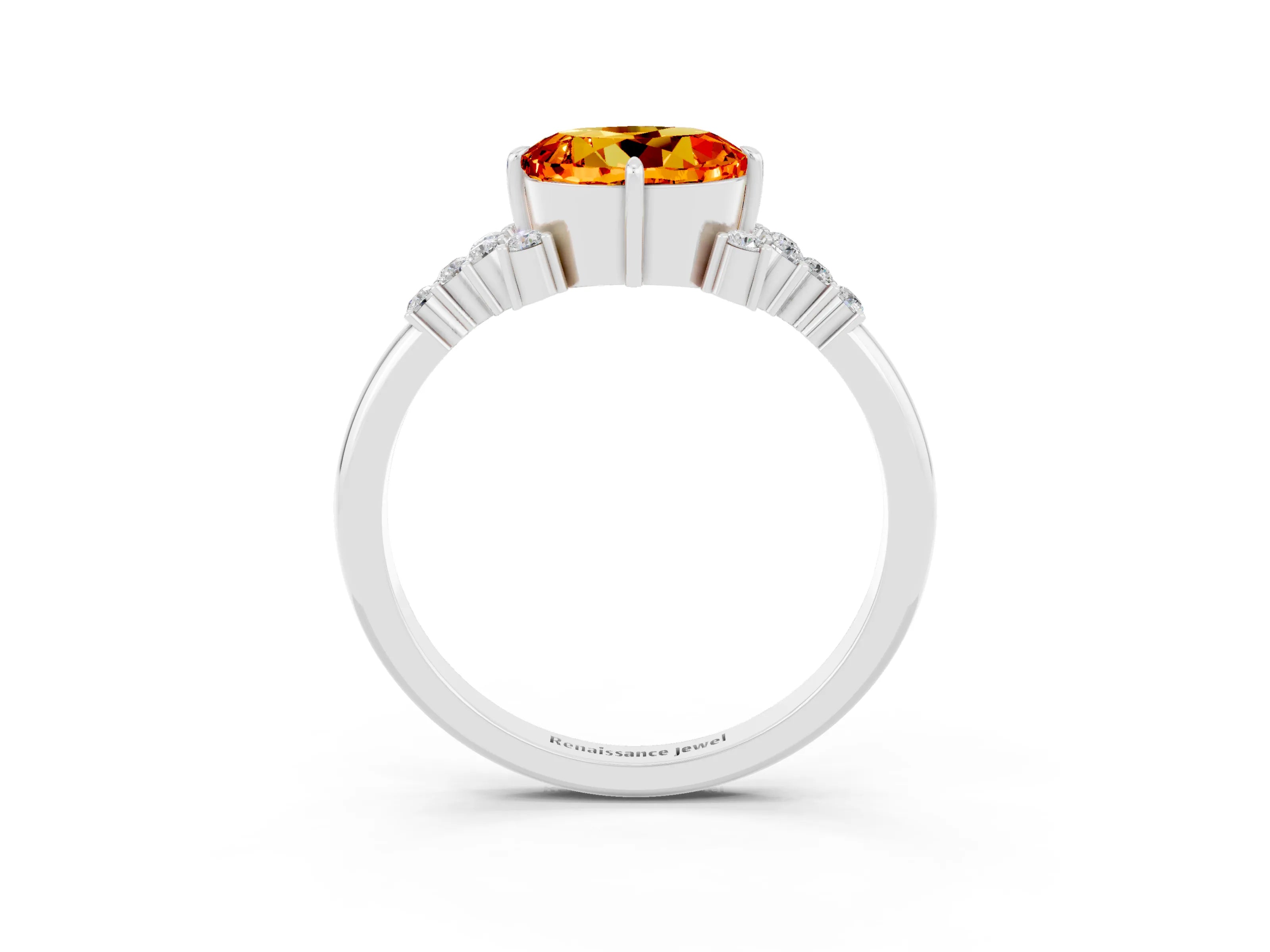 White gold Round Cut Citrine Ring with Side Stones and Four-Prong Setting_39