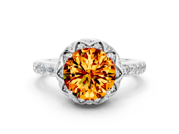 Silver Round Cut Citrine Scalloped Halo Engagement Ring with Round Shared Prong Band